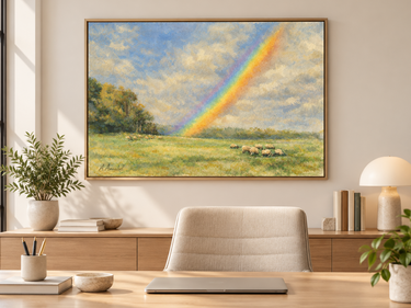 A framed landscape painting of Rainbow nature scene of  a rainbow over a green field with sheep hangs on a beige wall above a wooden desk in a bright, modern office setting.