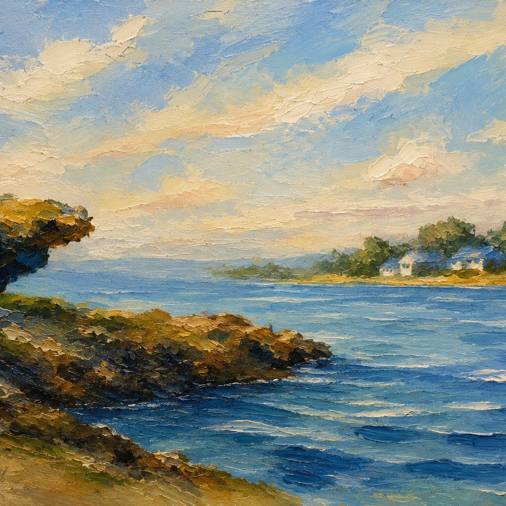 An impressionistic oil painting of a coastal landscape, featuring a rocky shoreline on the left, blue water in the foreground, and a small cluster of houses on a tree-lined island under a cloudy sky.