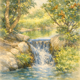 Painting of a small waterfall flowing into a calm forest pool, surrounded by soft green foliage, calming wall art.