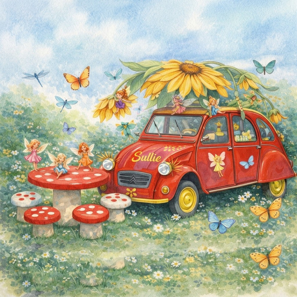 Children’s fairy garden artwork featuring a small red car surrounded by soft flowers and gentle nature elements, designed for peaceful and imaginative spaces.