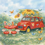 Children’s fairy garden artwork featuring a small red car surrounded by soft flowers and gentle nature elements, designed for peaceful and imaginative spaces.
