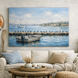 Painting of a calm marina with a small moored boat in the foreground and a line of seabirds resting on a pier, soft blue water, distant sailboats, and a hazy shoreline creating tranquil coastal wall art