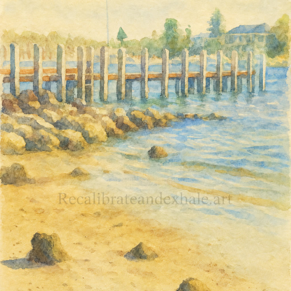 Calm coastal artwork featuring a quiet jetty extending into still water with soft tones and open space, designed to create a peaceful and visually restful environment