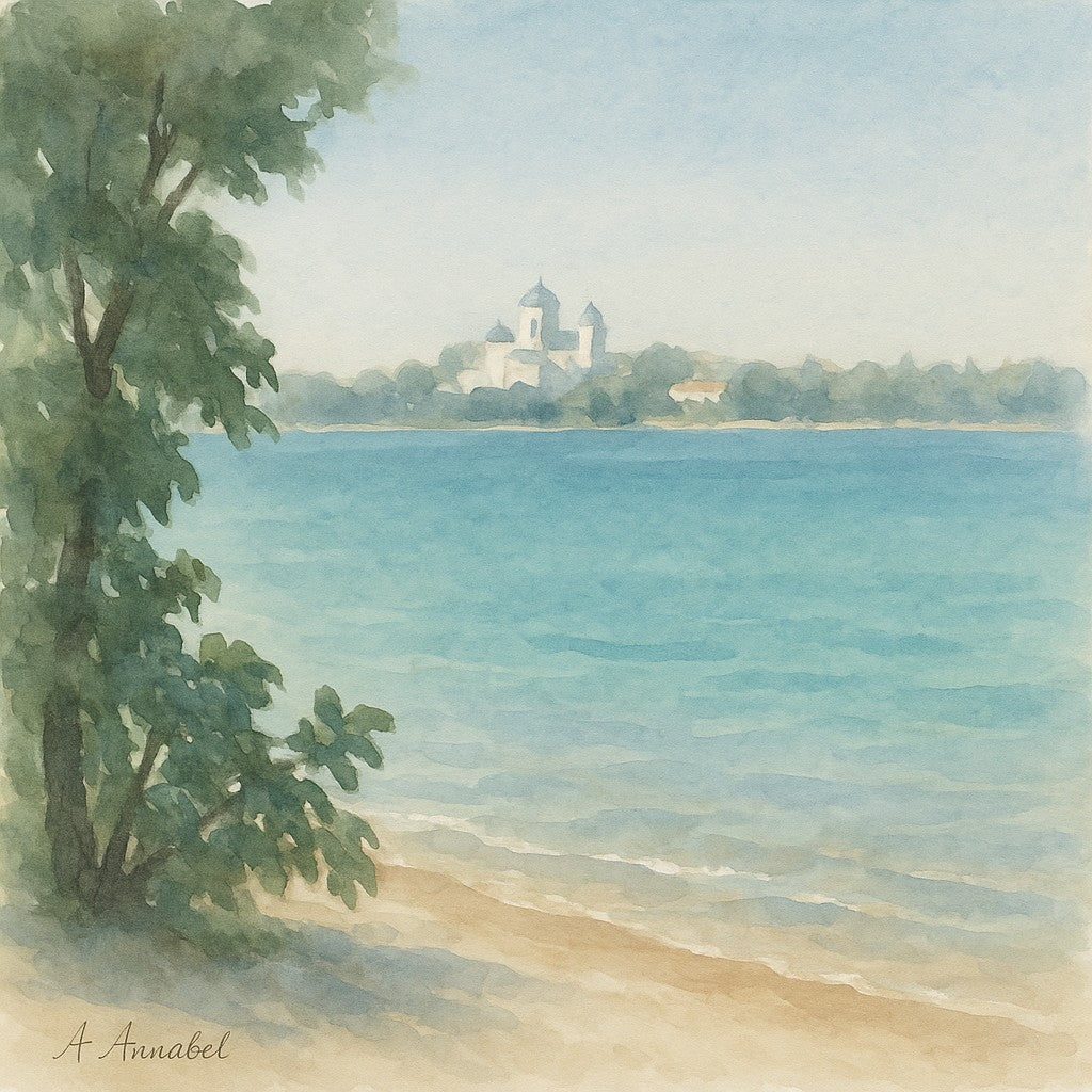 Watercolour painting of a calm ocean with a distant shoreline and soft sky, titled Far Shore