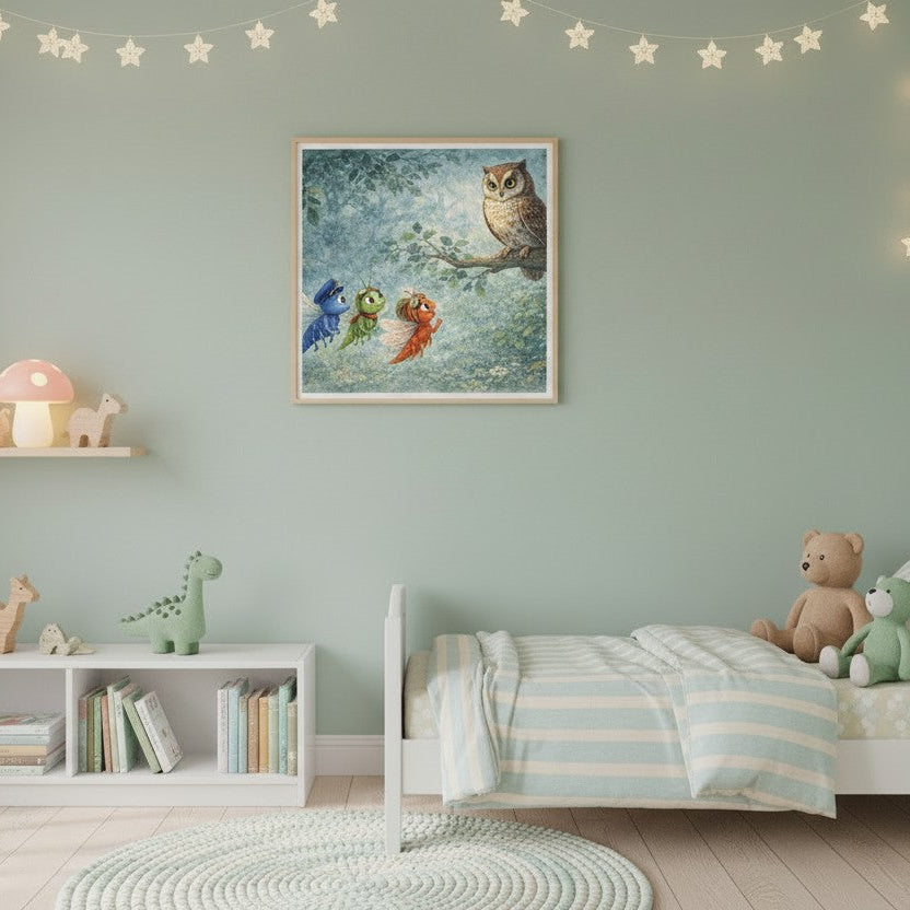 Children's artwork featuring characters from the  Sullie's Fariy Garden series designed with nature elements for peaceful and imaginative spaces.