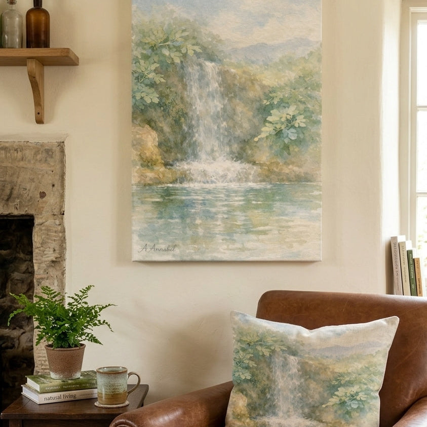 A vertical canvas painting of a waterfall landscape in soft green, blue, and beige tones, displayed on a cream wall above a brown leather armchair with a matching pillow.