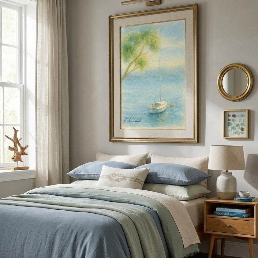 A framed watercolor painting of a sailboat on a blue sea under a green tree, displayed on a bedroom wall above a neatly made bed with blue and beige linens.