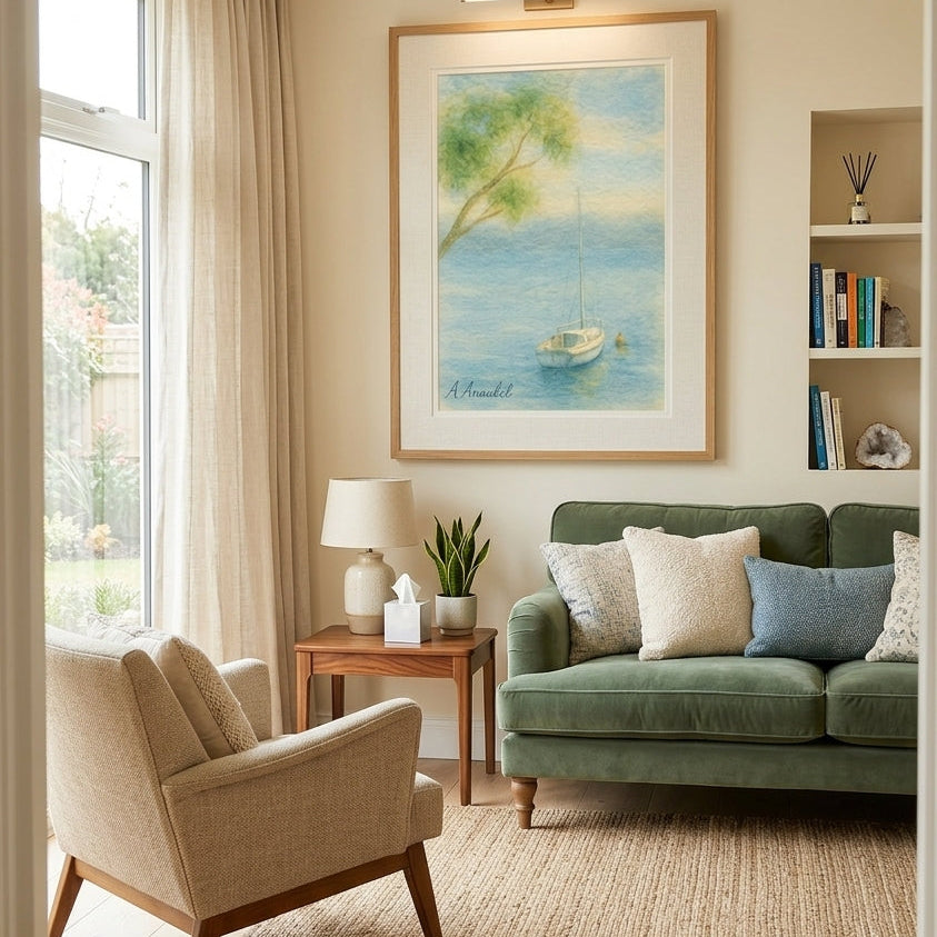A framed art print depicting a serene sailboat scene on a blue sea under a green tree, displayed on a beige wall in a styled living room with a green sofa, beige armchair, and wood flooring.