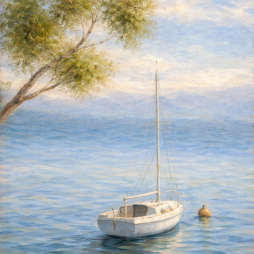 Painting of a single small sailboat resting on calm blue water beneath a wide soft sky, titled Tranquil waters