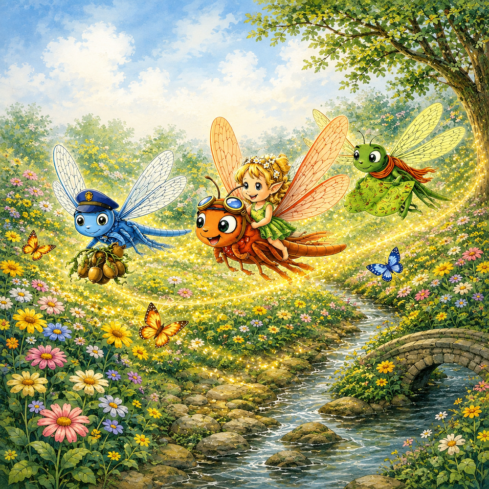 A joyful moment from the Sullie's fairy garden series as Lumi is carried through a sunlit meadow by her dragonfly friends, surrounded by flowers, butterflies, flowing. water and trails of golden light
 