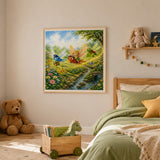 A framed colorful children's fairy forest painting hangs on a beige wall in a styled children's bedroom with a wooden bed, teddy bears, and toys.