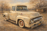 Garden Relic – rustic artwork of a rusted vintage truck surrounded by green vines and old metal cans, warm man shed wall art.

