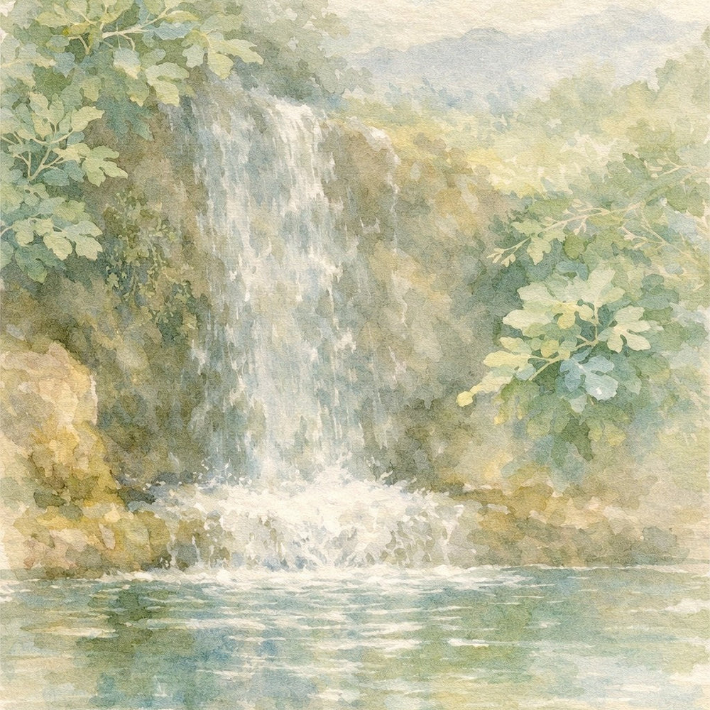Soft, misty waterfall in a lush green forest painted in gentle watercolour/oil style, flowing into a calm reflective pool — tranquil forest retreat wall art.