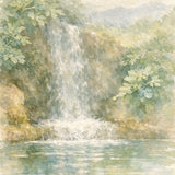 Soft, misty waterfall in a lush green forest painted in gentle watercolour/oil style, flowing into a calm reflective pool — tranquil forest retreat wall art.