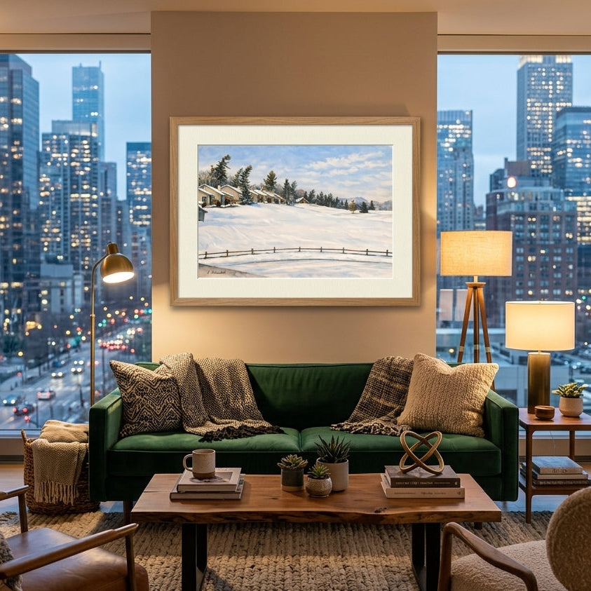 City appartment featuring artwork of a snow-covered countryside with rolling hills, simple buildings, trees and a wooden fence under a soft winter sky, creating a calm and reflective winter scene.