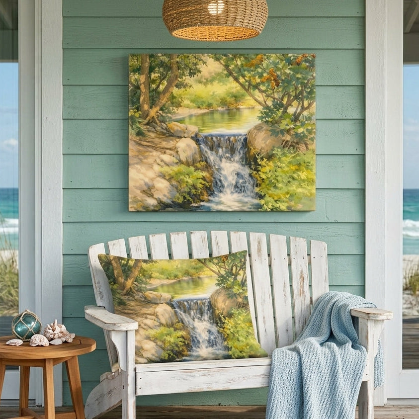 A coastal beach scene with a white Adirondack chair, a matching pillow, and a framed wall art print showing a waterfall landscape, staged on a porch with a blue-green wall and ocean views.