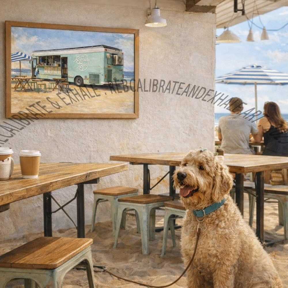 A framed wall art print depicting a vintage teal food trailer on a beach, displayed in a rustic beachside cafe setting with a dog in the foreground and people dining in the background.