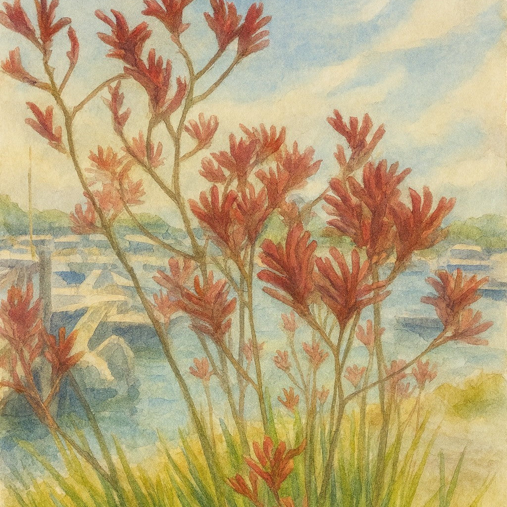 Painting of red kangaroo paw flowers with green foliage in the foreground and a soft coastal marina and blue sky in the background