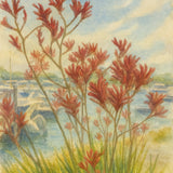 Painting of red kangaroo paw flowers with green foliage in the foreground and a soft coastal marina and blue sky in the background