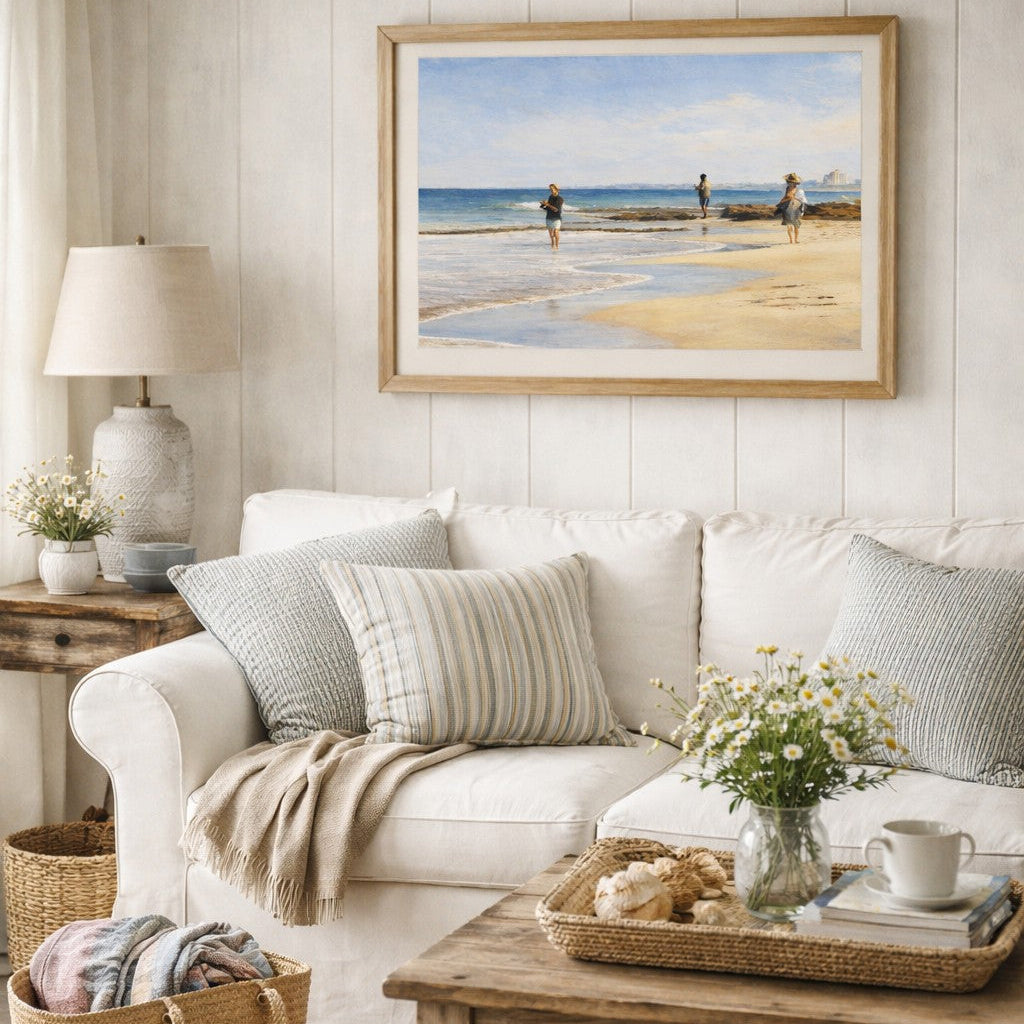 Painting of three figures fishing on a sunny beach, curved shoreline, calm blue ocean and wide open sky, calming coastal wall art