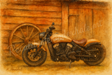 Painting of an Indian motorcycle parked beside a rustic timber building with a wagon wheel, titled Indian Scout.